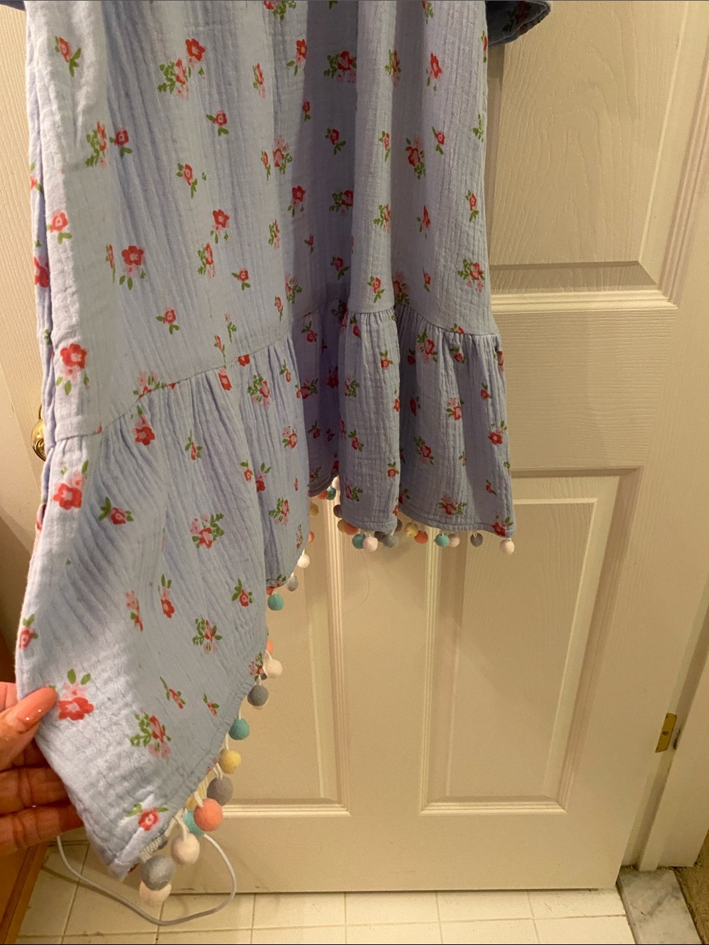 easel Light Blue Floral Off-Shoulder Mini Dress with Pom-Pom Trim - Picture 4 of 5